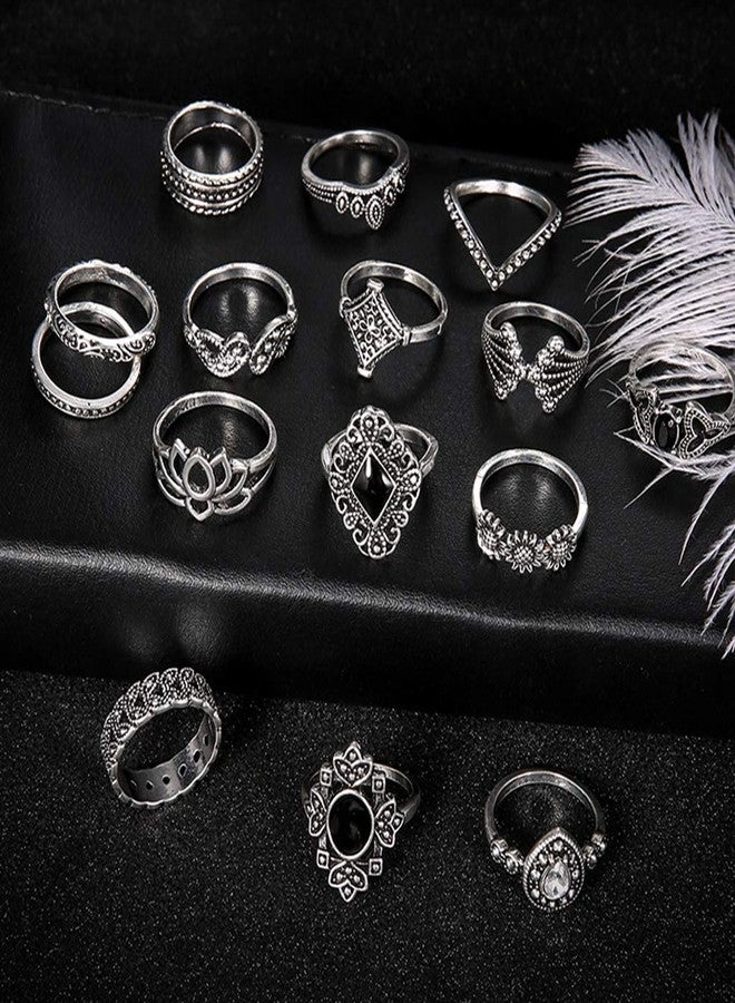 JAGTRADE Ring 15Pcs Vintage Silver Joint Knot Rings Set Women Bohemian Stackable Joint Finger Rings Retro Stone Crystal Stacking Rings - Image 3